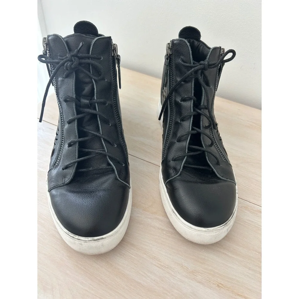 All Black Urban Cut Hi Top Leather Sneakers Laser Cut Zip Black Size 40